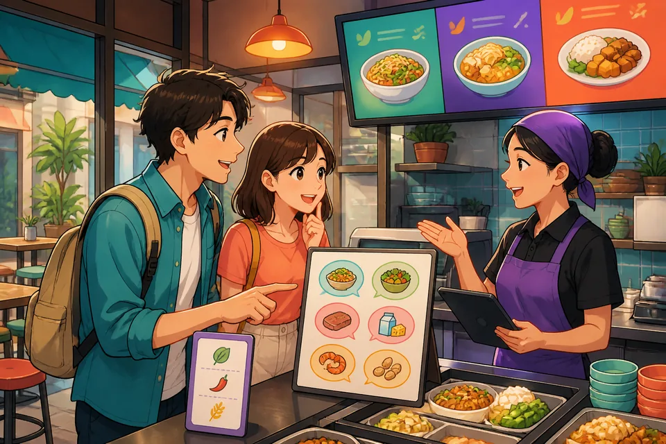 Two friends at a table discussing allergies and favorite dishes in Simplified Chinese, one saying they can't eat seafood.
