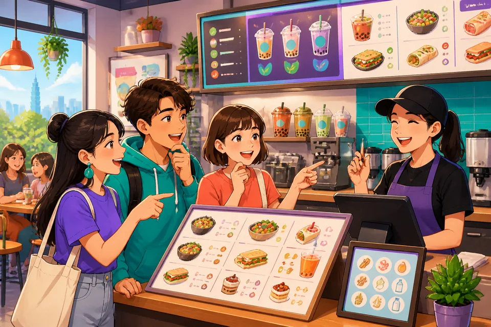 A close-up of a menu and a customer pointing, asking in Simplified Chinese whether the restaurant has vegetarian options.