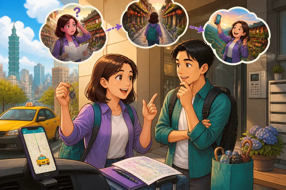 Close-up of Anna and David exchanging travel stories in Simplified Chinese at a café, gestures and photos on the table.