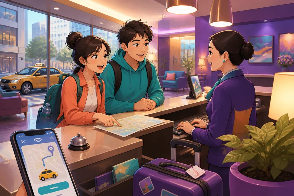 Two friends talking beside a train station about a trip that didn't go as planned, with Chinese phrases visible on a notebook.