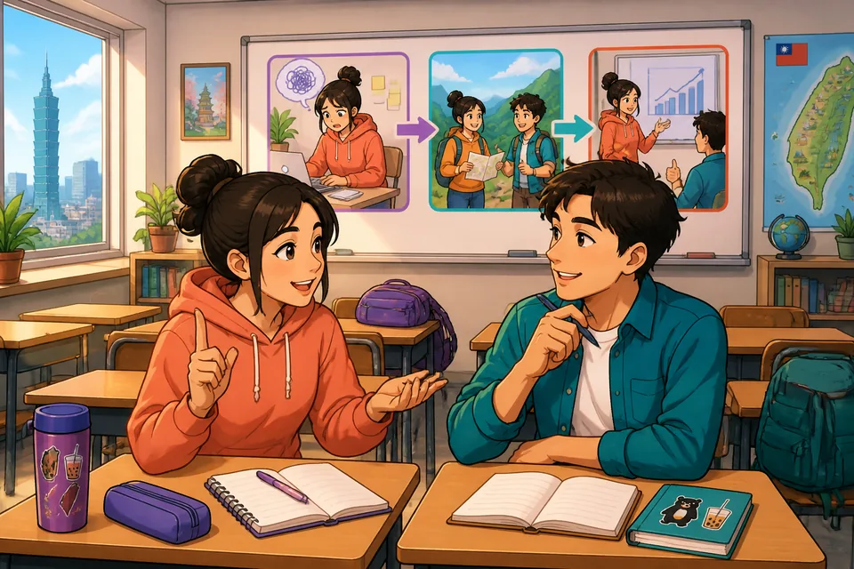 Two people smiling and gesturing while telling a story in Simplified Chinese about what happened and how they felt.