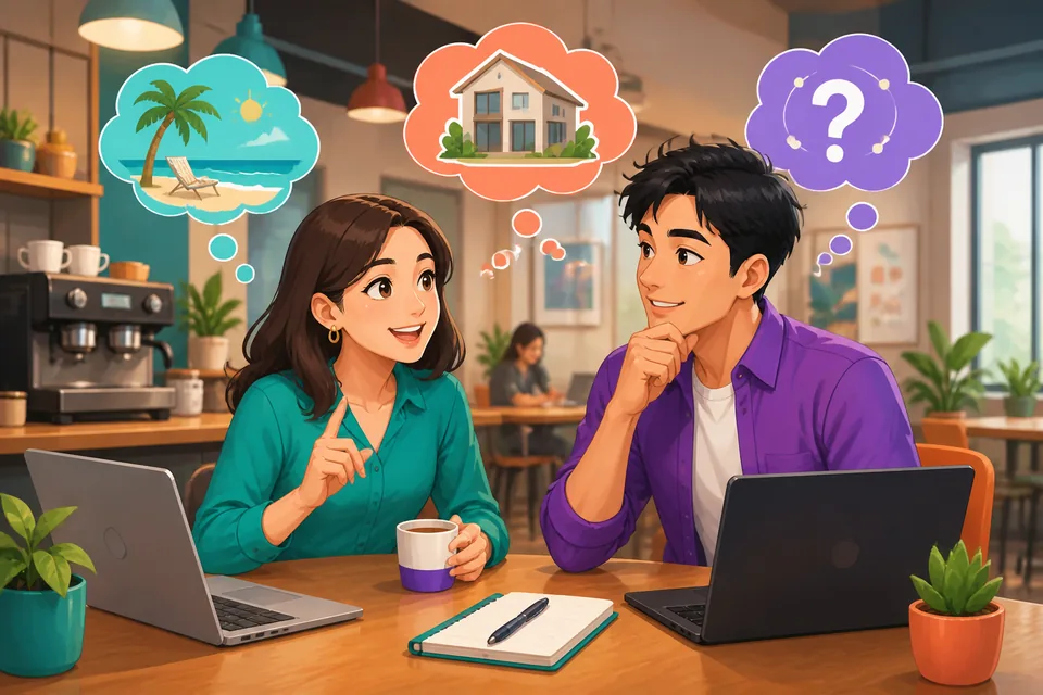 Anna and David talking about moving, travel, and job decisions in Simplified Chinese — a casual, realistic planning conversation.