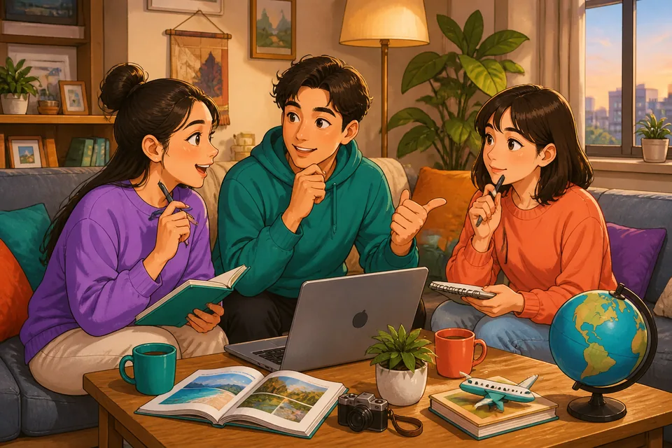 Two friends at a café discussing what they might do next month in Simplified Chinese, with a calendar and coffee cups on the table.