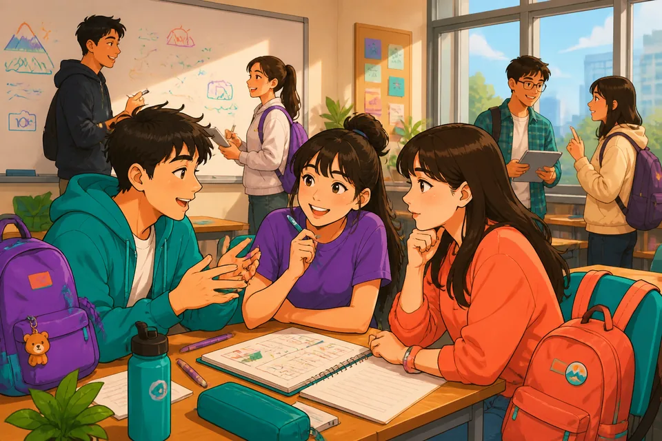A cozy café scene where people ask about each other's schedules and plans in Mandarin (Simplified Chinese).