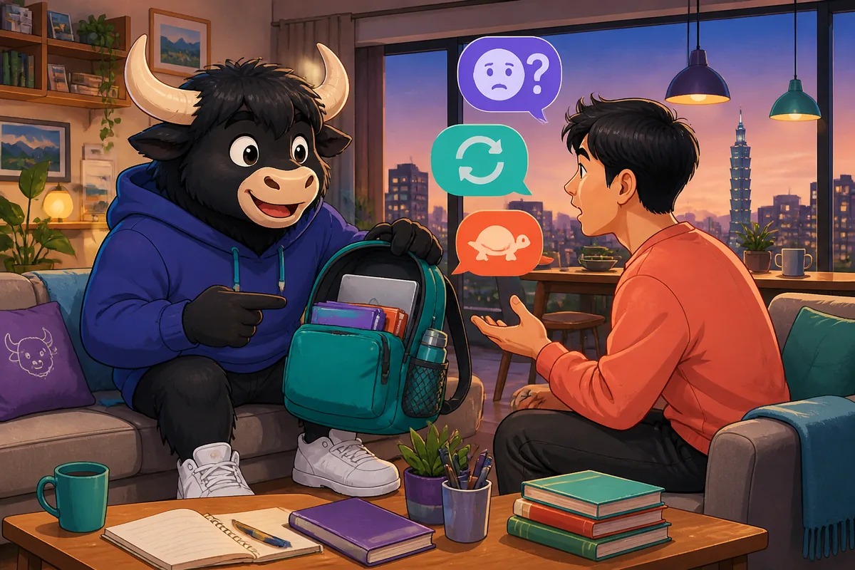 A friendly student asking for clarification in Simplified Chinese, showing phrases like 我不明白; classroom/cafe scene.