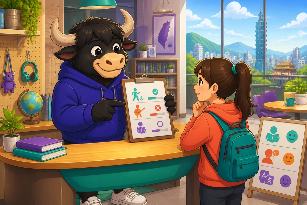 A friendly scene showing two people talking about skills in Simplified Chinese — topic: abilities and helping each other.