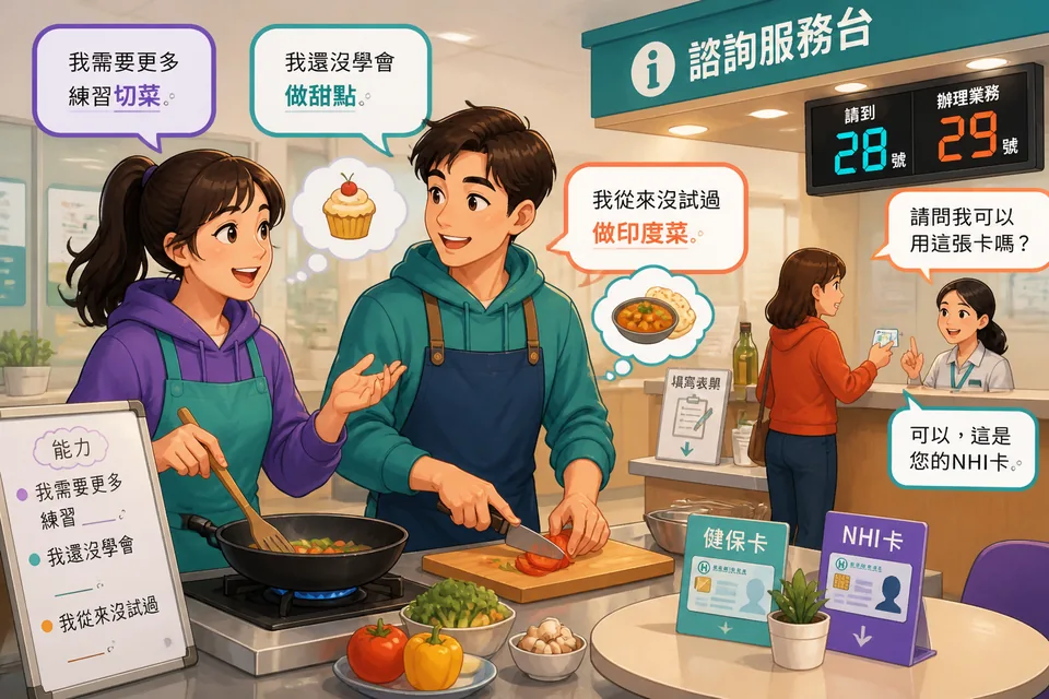 Two friends in a small kitchen having a casual Simplified Chinese conversation about trying new skills and getting help.