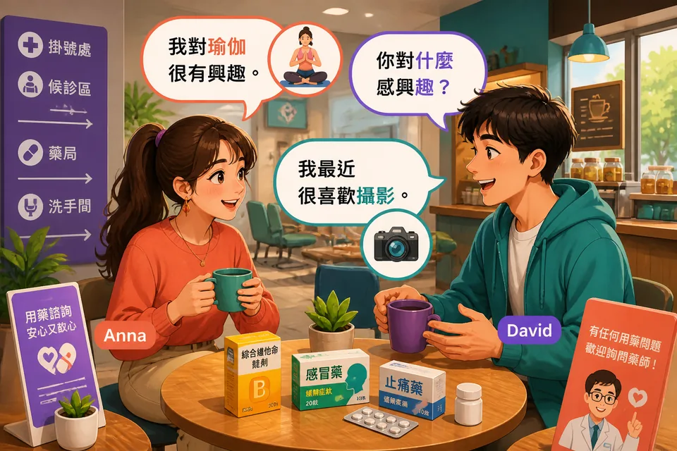 Anna and David sitting at a café, using Simplified Chinese to ask and answer '你对什么感兴趣？' with smiles and gestures.