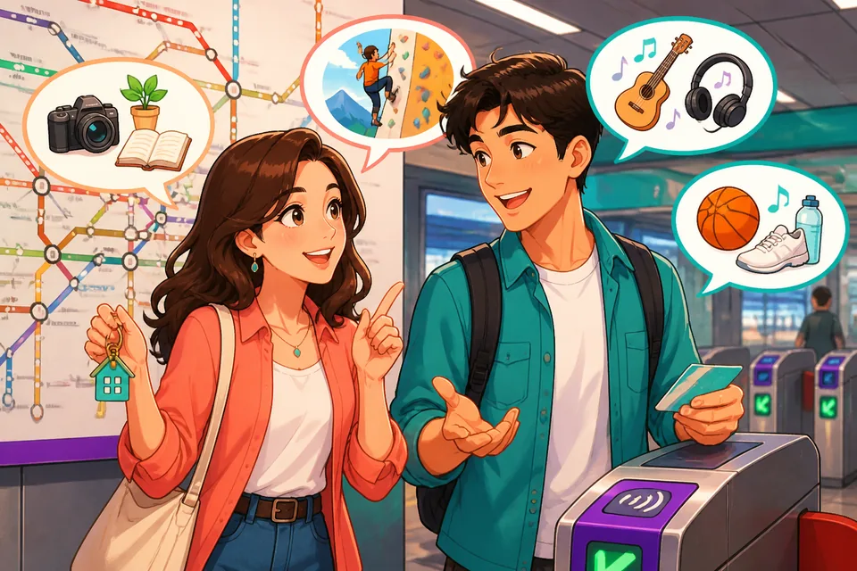 Two friends (Anna and David) sitting in a café, animatedly talking about interests like photography and movies in Simplified Chinese.