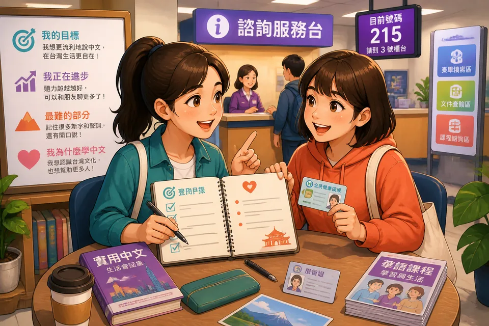 Close-up of Anna and David practicing goal phrases in Simplified Chinese while smiling and gesturing — one points to a calendar.