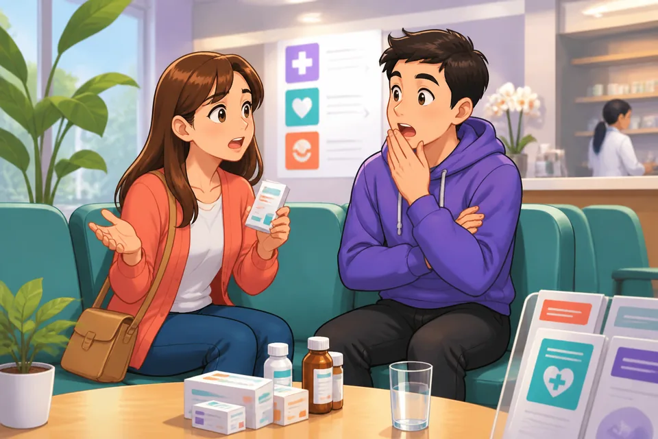 Anna and David reacting to news at a table — surprise, sympathy and relief in spoken Simplified Chinese.