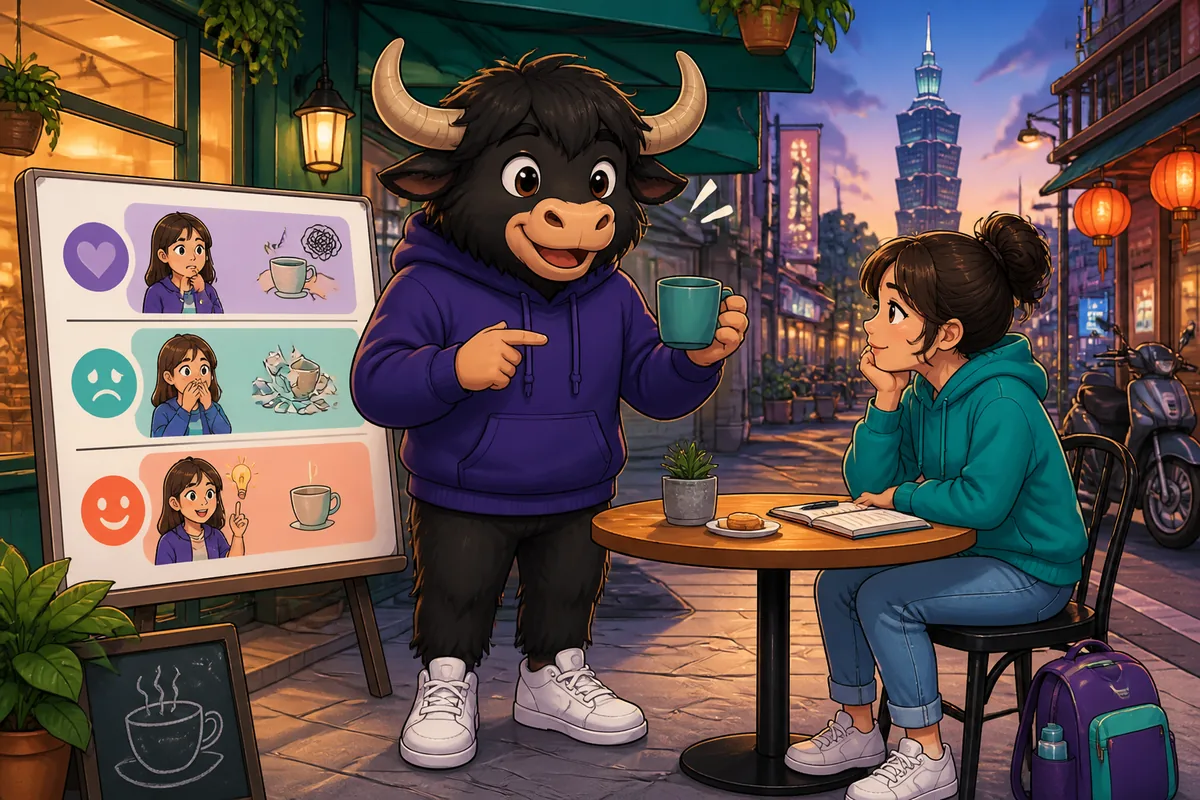 A friendly pair chatting in Simplified Chinese about everyday news; the image suggests social reactions and expressions.