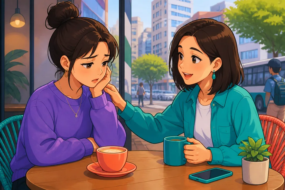Two people at a café reacting to news in Simplified Chinese — one looks surprised, the other empathetic.