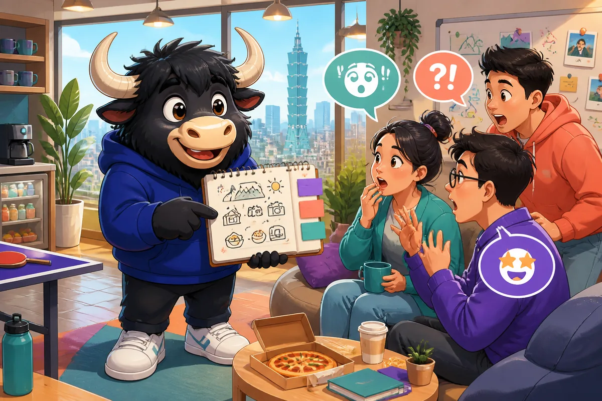 A small group of friends reacting with surprise while checking a phone; Simplified Chinese surprise phrases like 不会吧！ are highlighted.