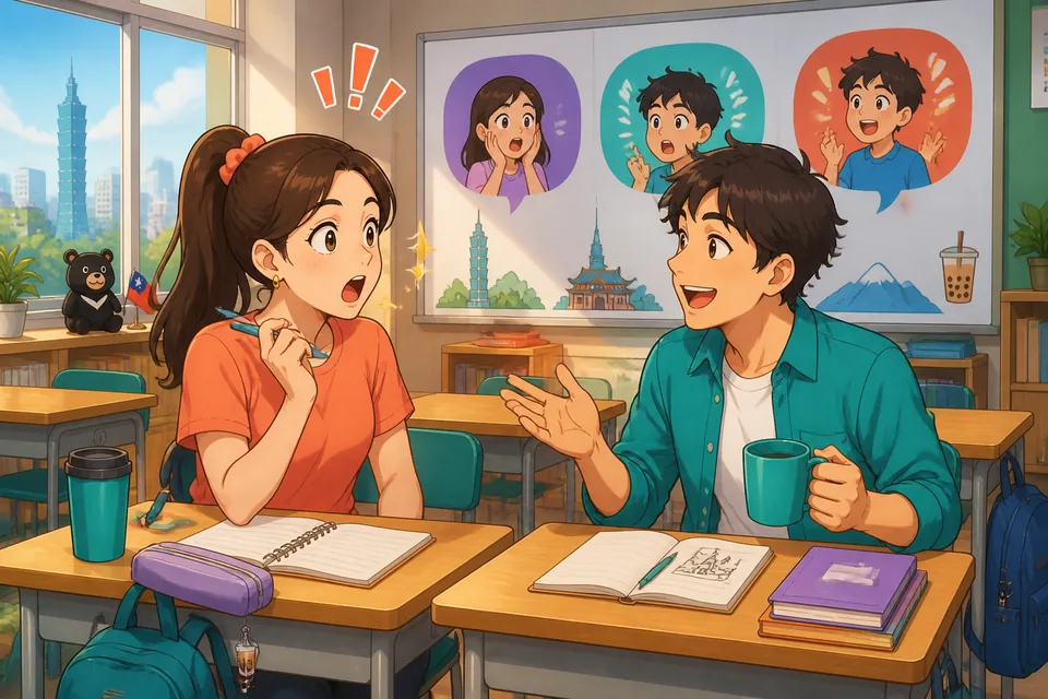 Anna and David chat in a café, one tells a surprising plan and the other reacts with phrases like 哇，真的吗？ and 真没想到。