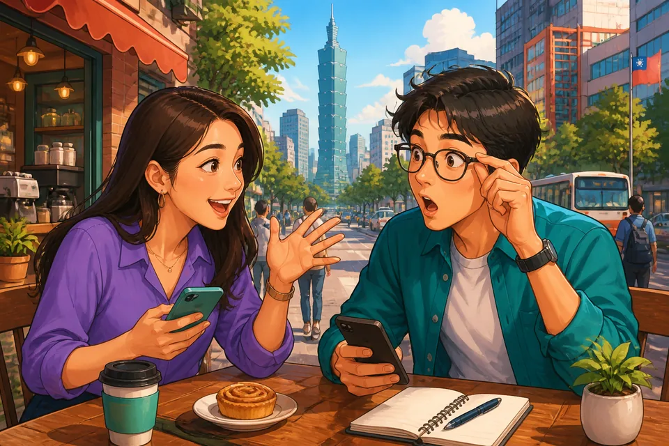 Anna and David exchanging surprised reactions in Simplified Chinese after hearing an unexpected story.