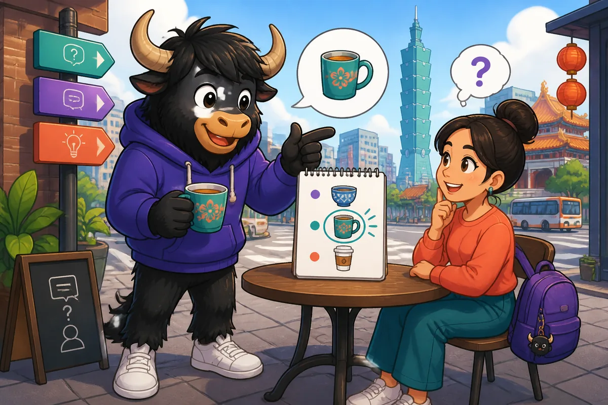 A friendly café scene with two people clarifying a menu item in Simplified Chinese — lesson about clarification phrases.