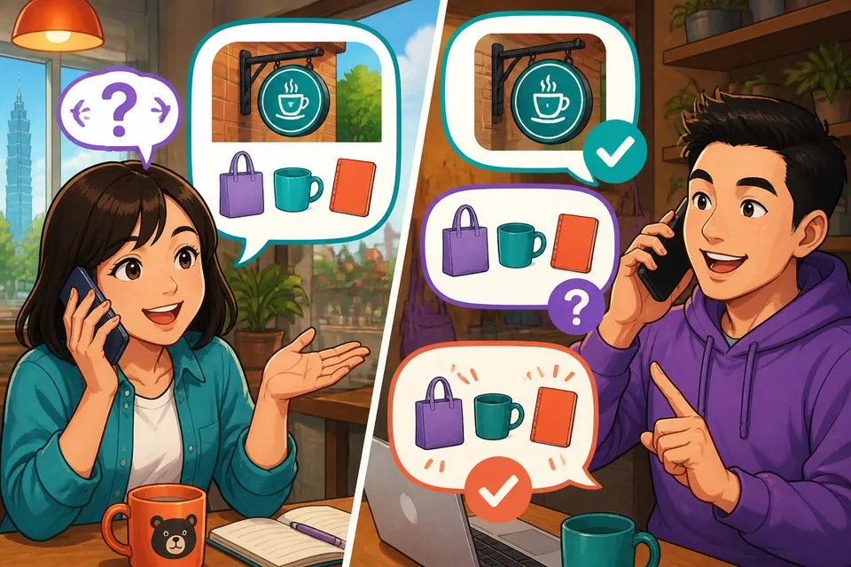 Two friends pointing at items and asking questions in Simplified Chinese to clarify which one and whether it's correct.