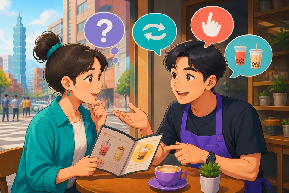 Close-up of a learner repeating short Chinese phrases aloud while listening — Simplified Chinese clarification practice.