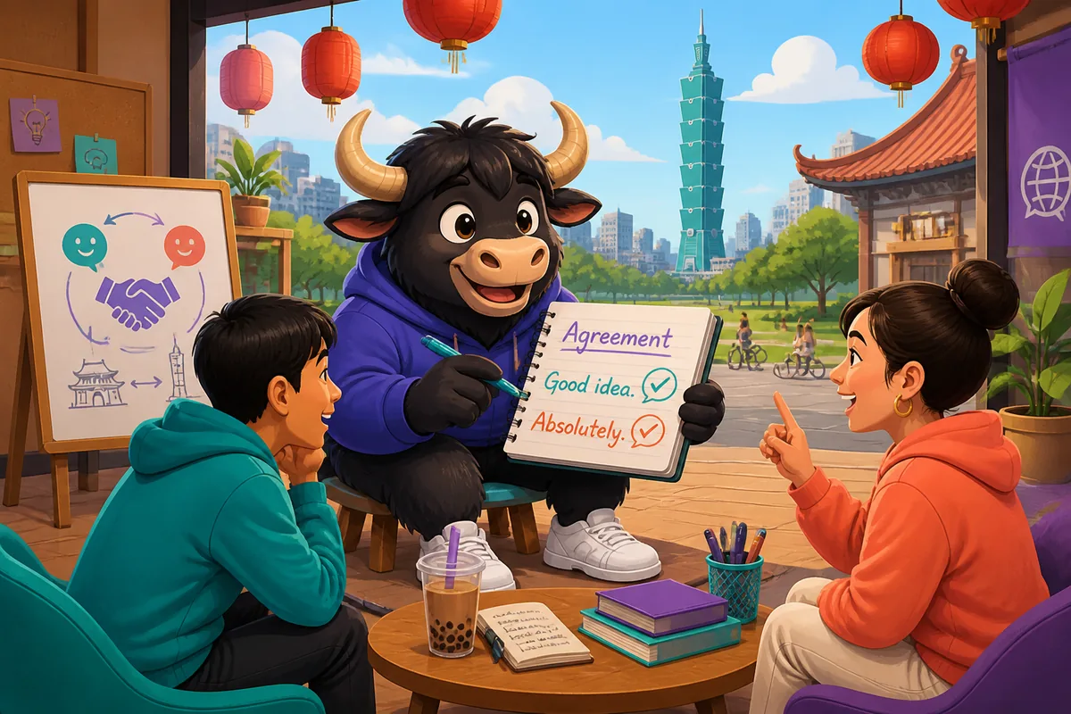 Two friends agreeing in Simplified Chinese with the title 'Agreement' — shows the phrases 好主意 and 当然 in a friendly café scene.