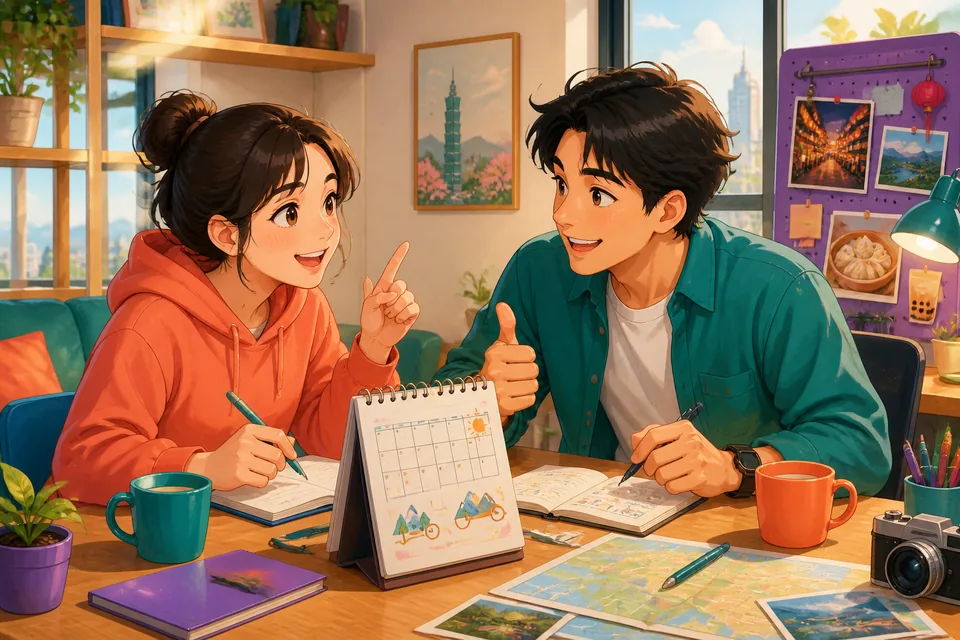 Anna and David smiling while agreeing on plans in Simplified Chinese — a realistic short-chat moment about meeting up.