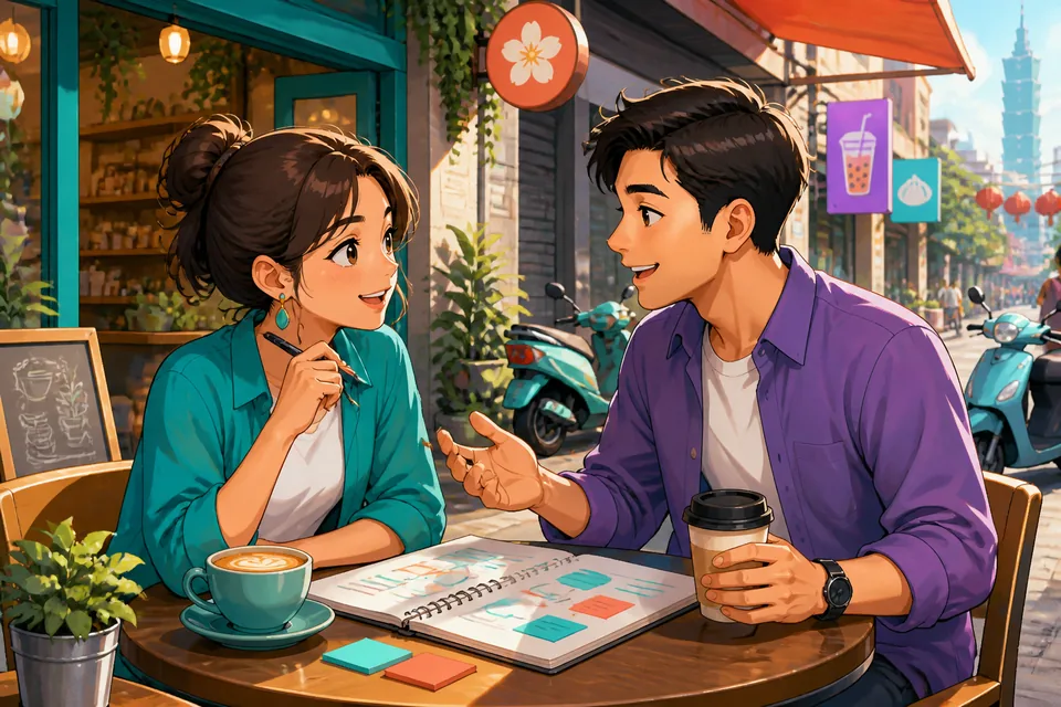 Anna and David sitting at a café table, using polite Mandarin phrases to disagree gently while smiling.