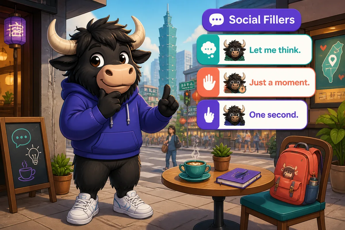 Two friends chatting casually in Simplified Chinese using filler phrases to think and respond; scene shows a casual street café.
