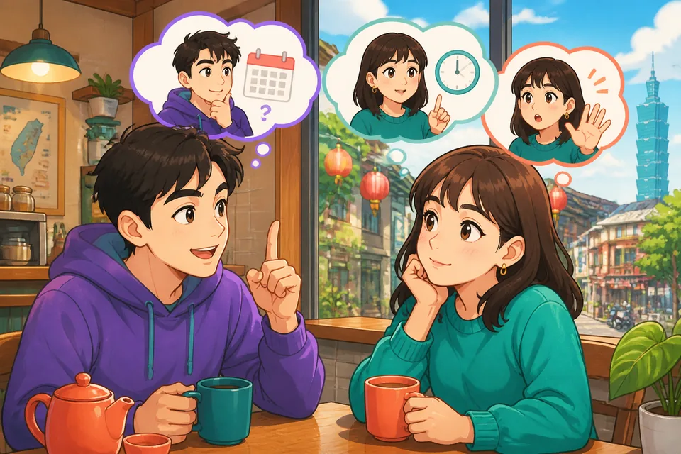 Anna and David discuss weekend plans in Simplified Chinese, using fillers like 让我想想 and 等我一秒 to buy time.