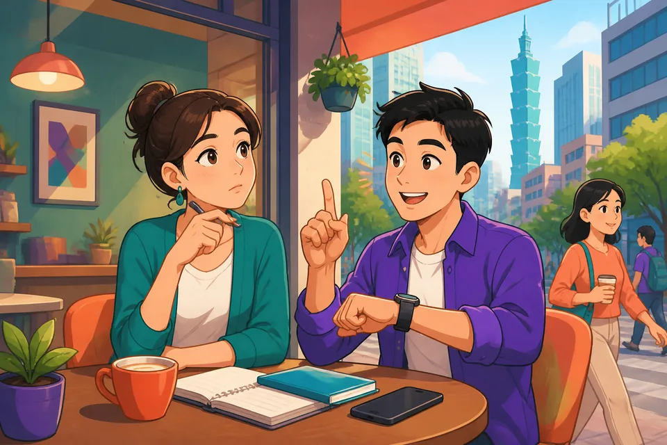 A learner hears core filler phrases in Simplified Chinese and repeats them aloud; scene shows a headphone and notebook.
