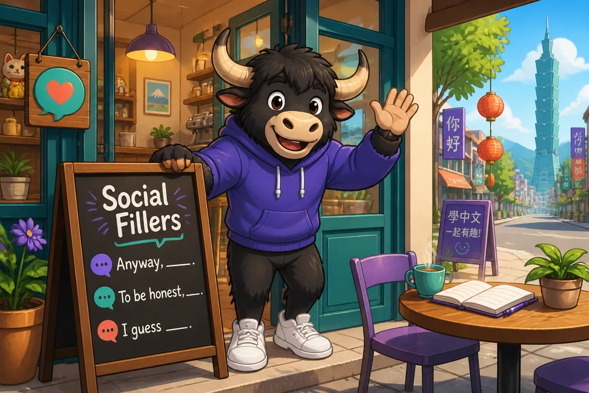 A friendly café scene with people chatting in Simplified Chinese about daily plans — lesson topic: social fillers.