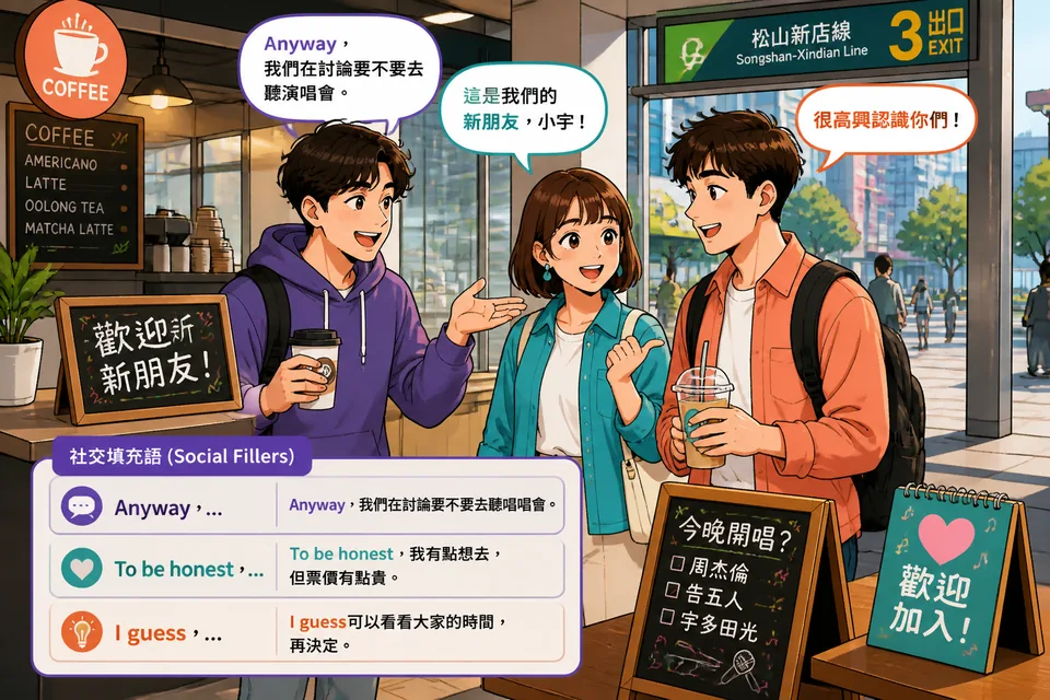 Anna and David talking in a living room, using phrases like 说实话 (Shuō shíhuà) and 我觉得…吧 (Wǒ juéde… ba) to share opinions and think aloud.