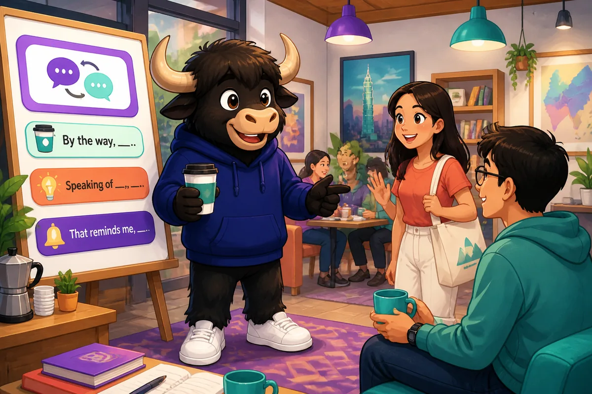 Two friends chatting in a café in Simplified Chinese about switching topics; warm scene showing spoken topic-change phrases.