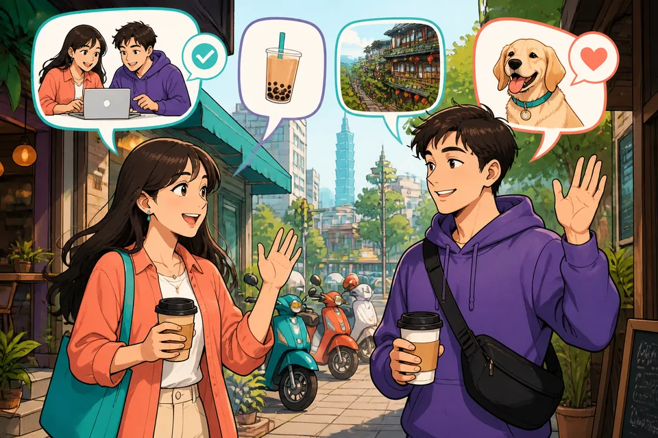 Anna and David in a short Mandarin dialogue using topic-change phrases like 对了 and 另外 while smiling and listening.