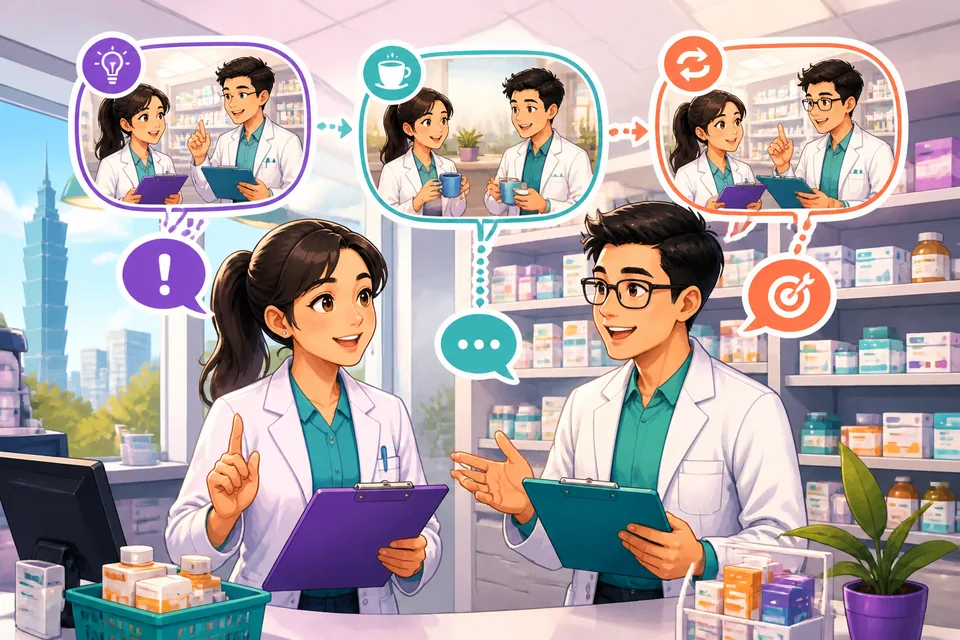 Anna and David talk across a table, using phrases like 其实 and 换个话题 while smiling—a lesson about social glue in Simplified Chinese.