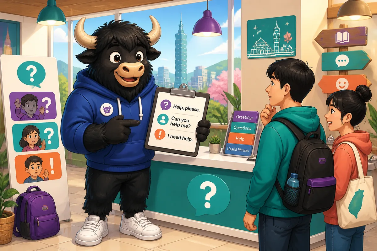 A traveler asking for help at a busy train station; Simplified Chinese phrases for asking for help appear beside them.