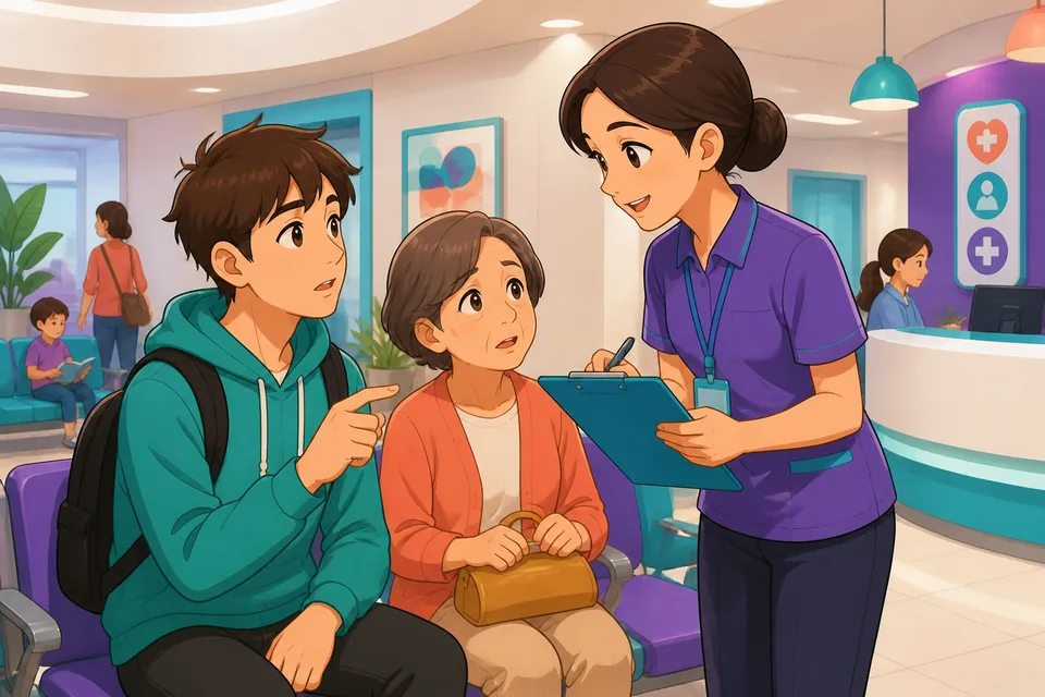 A friendly street scene with a tourist speaking Simplified Chinese to a local; the scene shows polite and urgent help phrases.