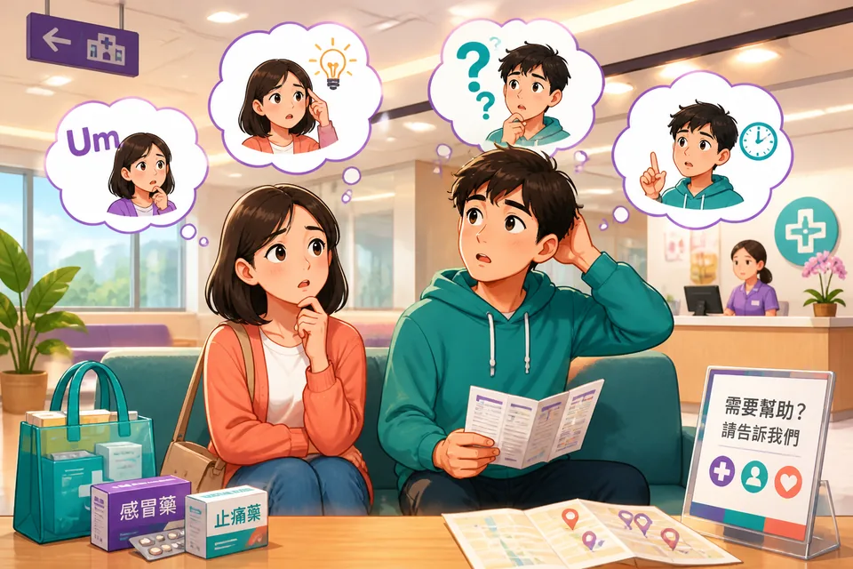 Two friends in conversation using 嗯，让我想想 (Ńg, ràng wǒ xiǎngxiang.) and 那个词怎么说来着？ (Nàge cí zěnme shuō láizhe?) as they search for words.