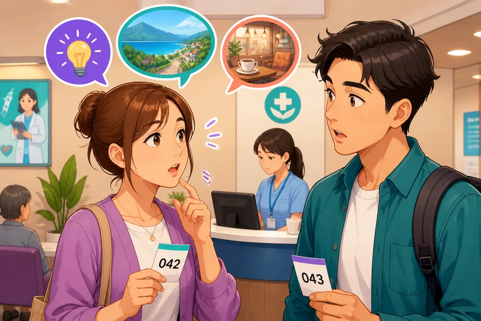 Anna and David talking near a park bench; Anna pauses and self-corrects with 等等，我是说 while describing a place as 更像是 something.