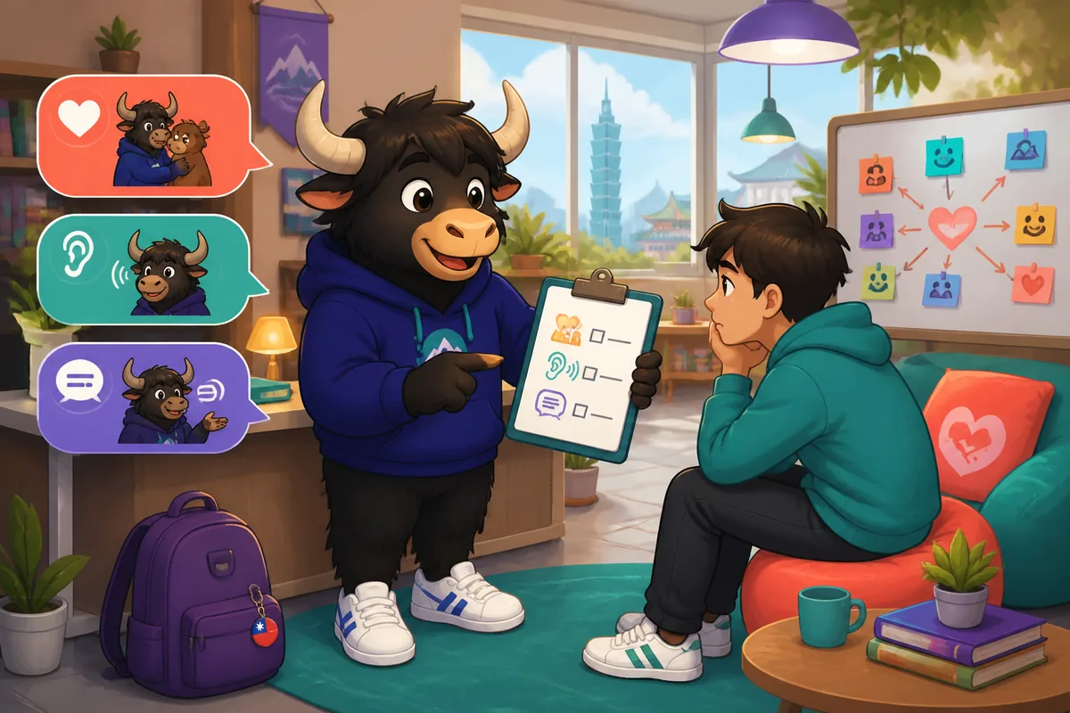 A supportive conversation in Simplified Chinese about empathy; two friends sitting in a café, one listening attentively.