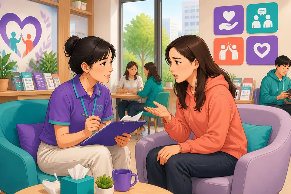 Close-up of a person offering comfort in Simplified Chinese; gentle body language and caring phrases on the screen.