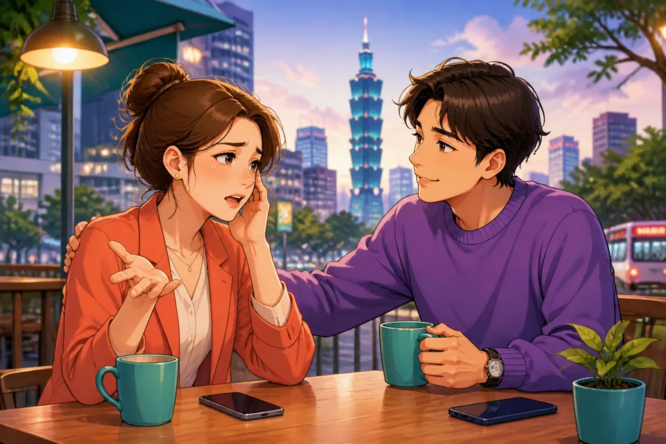 Anna and David in a cozy café: David listens and reassures Anna, showing how to use empathetic phrases in Simplified Chinese.