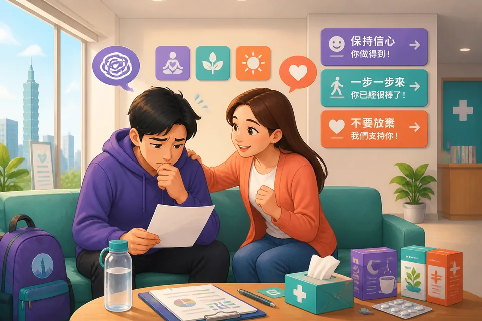 Two friends on a bench having a short emotional conversation, using natural Simplified Chinese encouragement phrases.