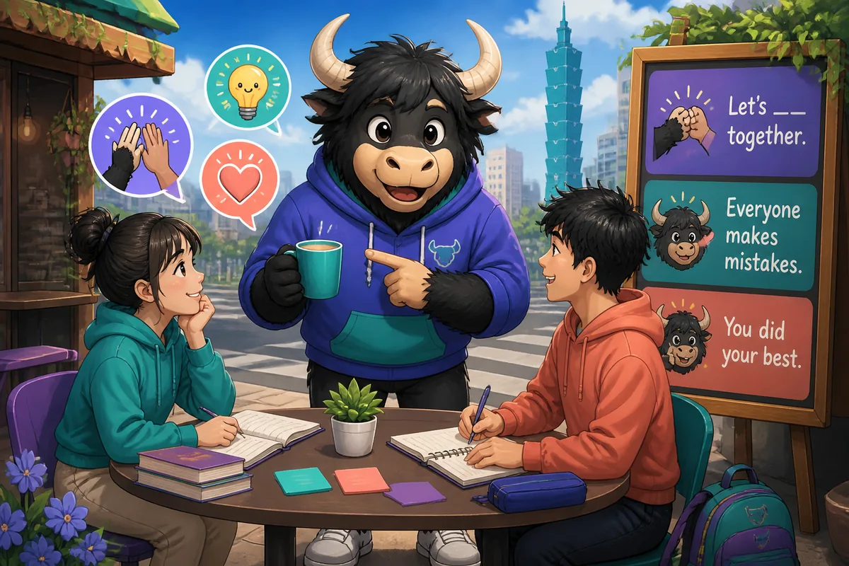 A friendly scene of two colleagues talking in Simplified Chinese about encouragement; warm colors and the phrase 我们一起___吧 visible on a notebook.