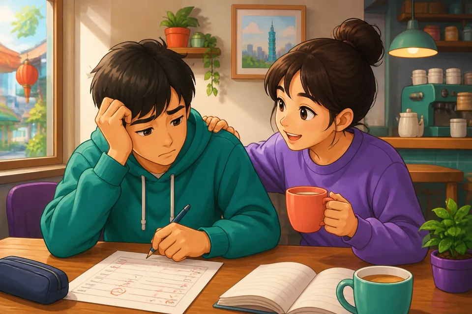 Two friends sitting at a café, one consoling the other in Simplified Chinese with phrases like 谁都会犯错的 and 你已经尽力了.