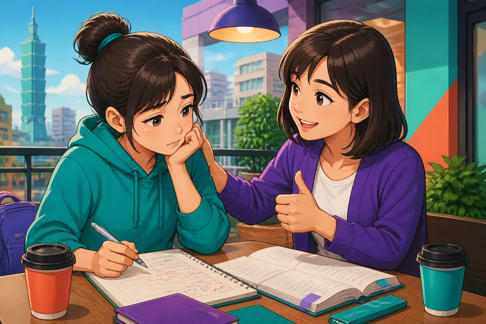 Close-up of a smiling person offering support in Simplified Chinese during a study session; encouraging vibe for the Encouragement lesson.