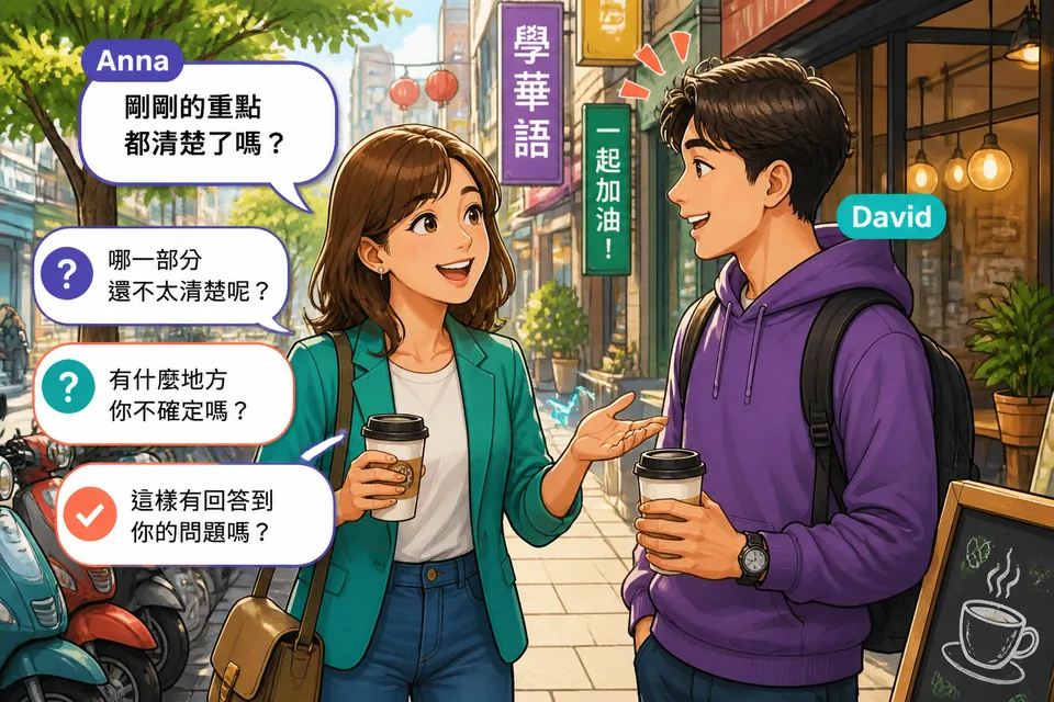 Anna and David talking after a presentation in Simplified Chinese, using checking-understanding phrases around a table.