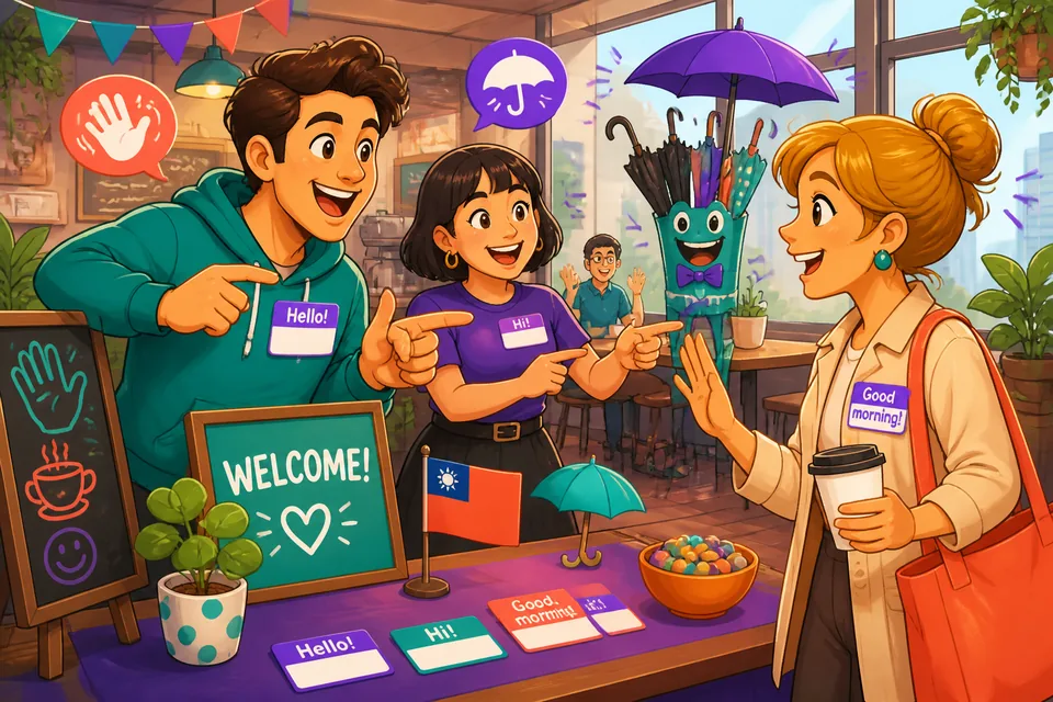 Anna and David greeting each other and asking names, a simple Spanish conversation for beginners.