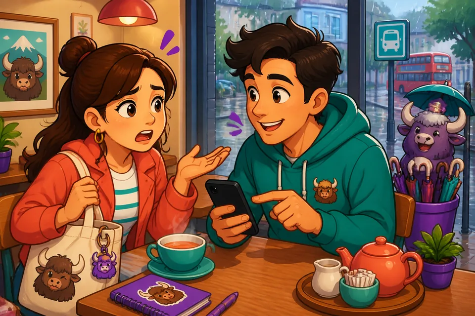 Anna and David talk quietly about an urgent situation; the scene shows real use of asking for help in Spanish.