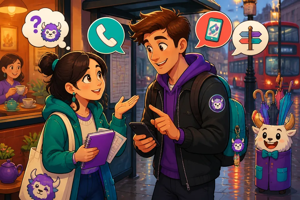 Two people in a busy hallway practicing Spanish help requests like '¿Puedo usar tu teléfono?' and 'Es una emergencia.'