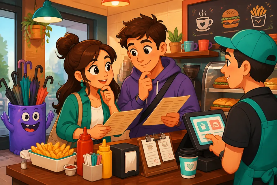 Two people ordering and confirming a meal in Spanish using polite phrases.
